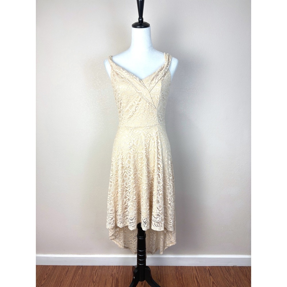 Homrain Cream Floral Lace High Low Midi Dress Size Medium Wedding Bridal Stretch